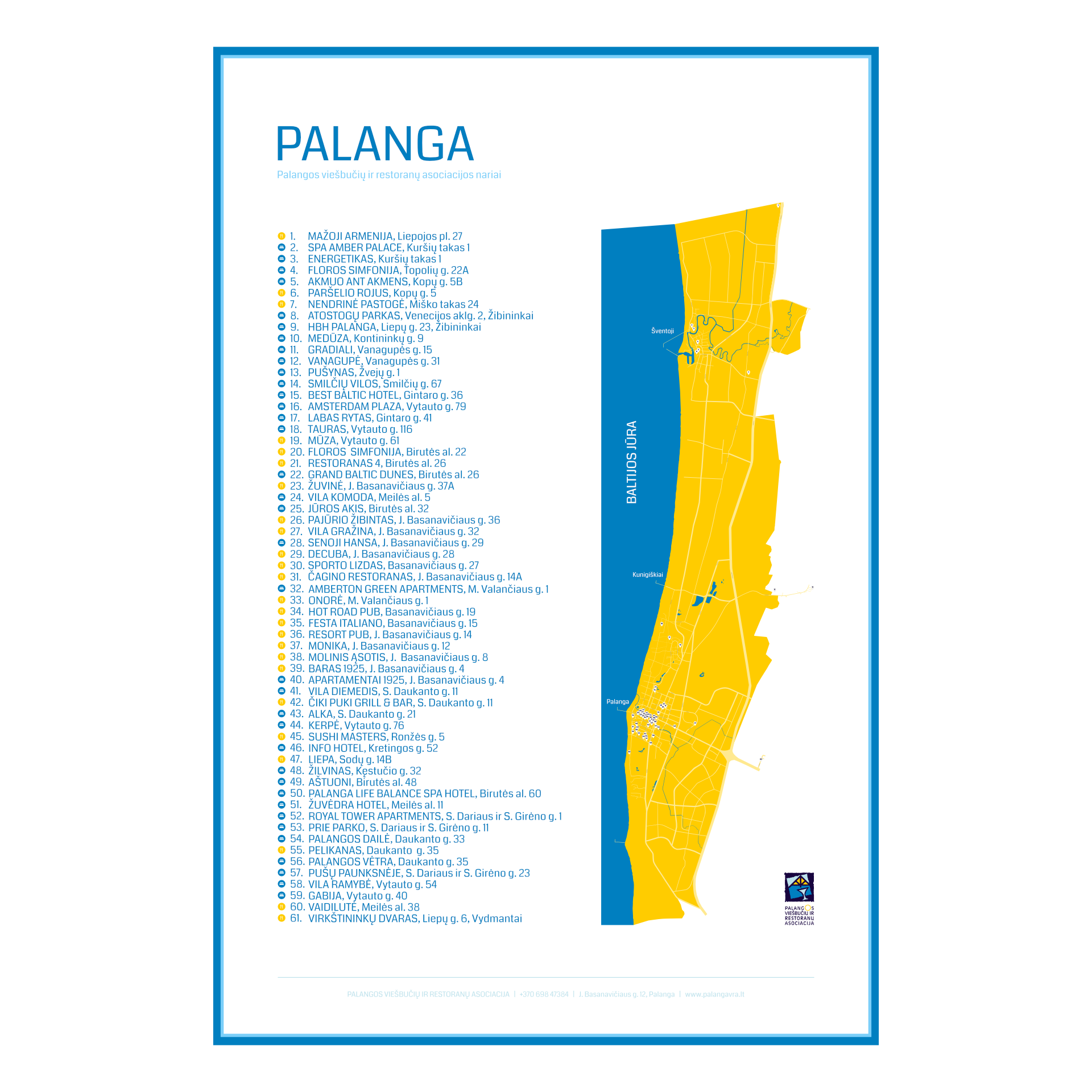 Palangos miesto žemėlapis. Grafinis dizainas, iliustravimas. Palangos viešbučių ir restoranų asociacijos reklama