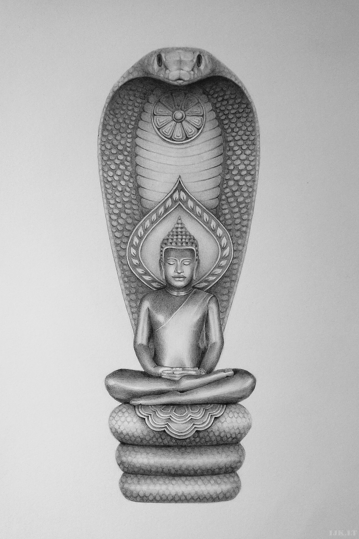 BUDDHA IR NAGA. Buddhisic sacred spiritual illustration. Tattoo design