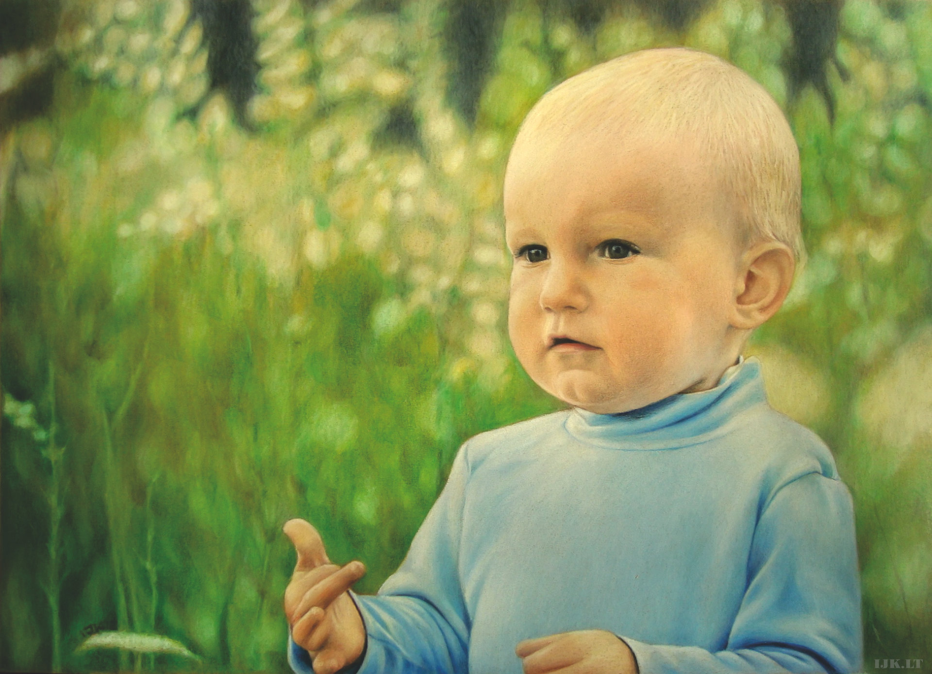 Paveikslas nupieštas pieštuku, portretas pagal nuotrauką, vaikas, mažas berniukas pievoje, vasara