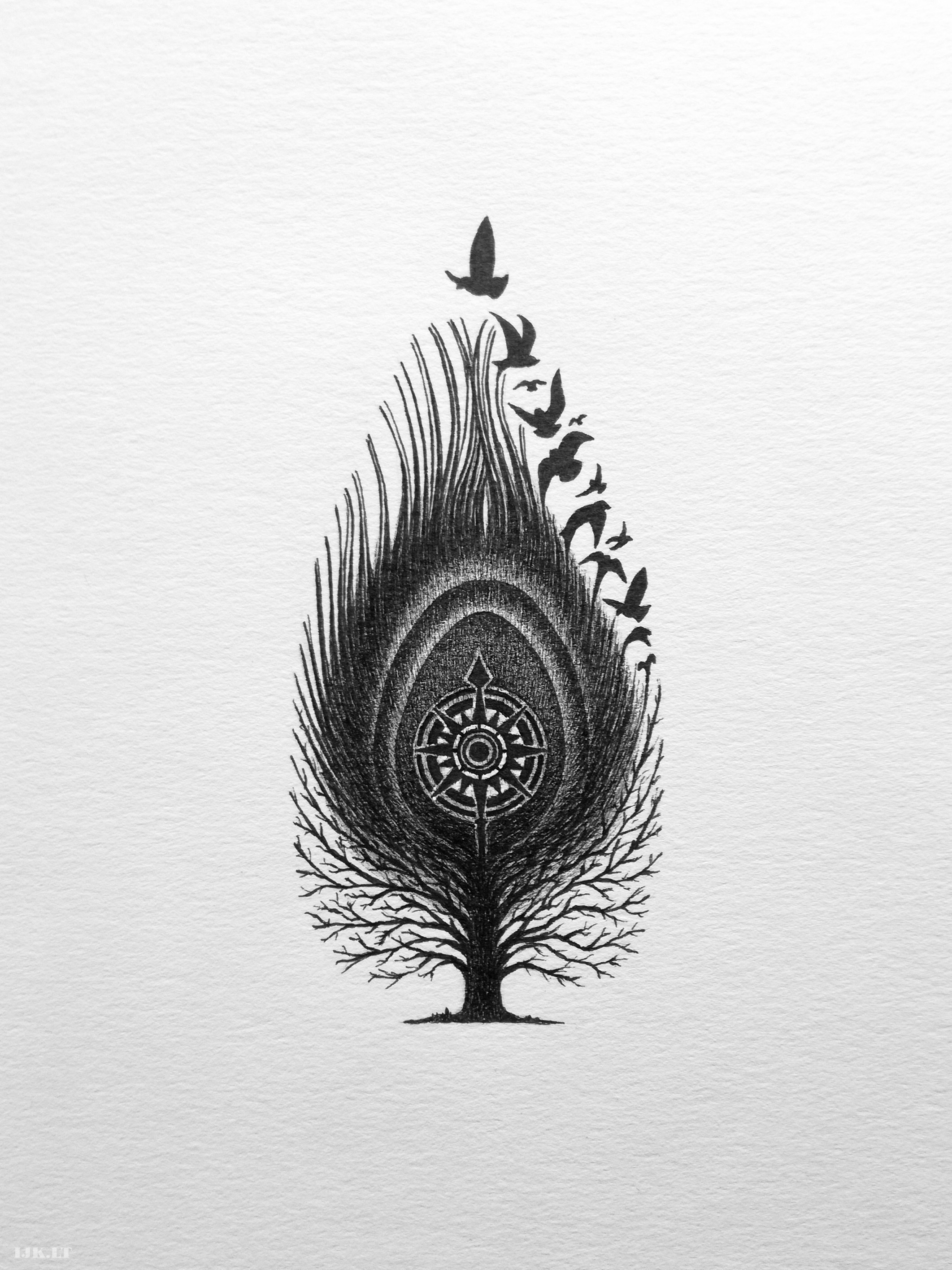 METAMORFOZĖ. Ezoterinis paveikslas su simboliais. Medis, plunksna, paukščiai, kompasas. Tatuiruotės piešinys